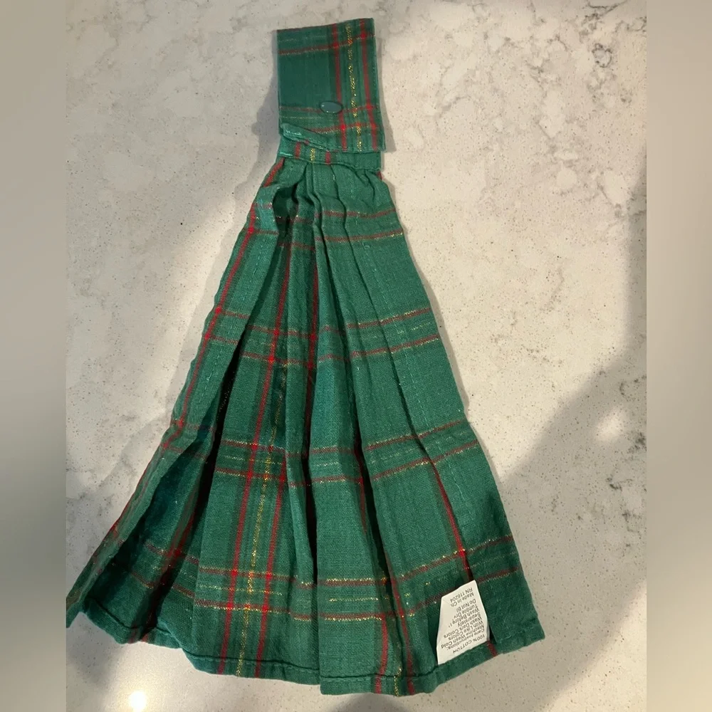 kitchen towel , green and red tartan pattern,button fastener